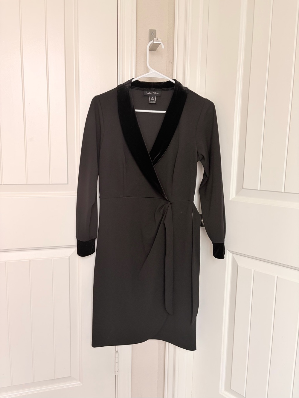Velvet Heart Black Wrap Midi Dress with Velvet Trim